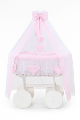 Wiklinowy kosz Mojżesza z baldachimem Deluxe Amelia - biały + różowa pościel