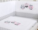 Komplet pościeli dla dzieci 135x100cm z ochraniaczem 3-cz Sówki szare z haftem szaro-różowym
