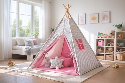 Namiot TIPI dla dzieci +mata + zawieszki pióra - Kratka szara z różem