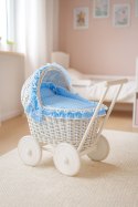 Wiklinowy wózek dla lalek pchacz biały z błękitną pościelką i miękką wyściółką CHIARA
