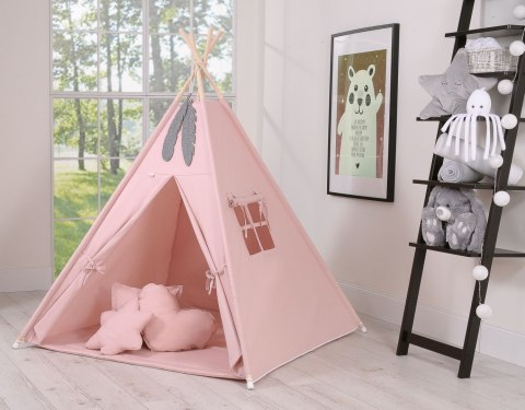 Namiot TIPI dla dzieci +mata + zawieszki pióra - brudny róż