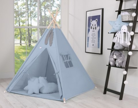 Namiot TIPI dla dzieci + mata + poduszki + zawieszki pióra - brudny niebieski