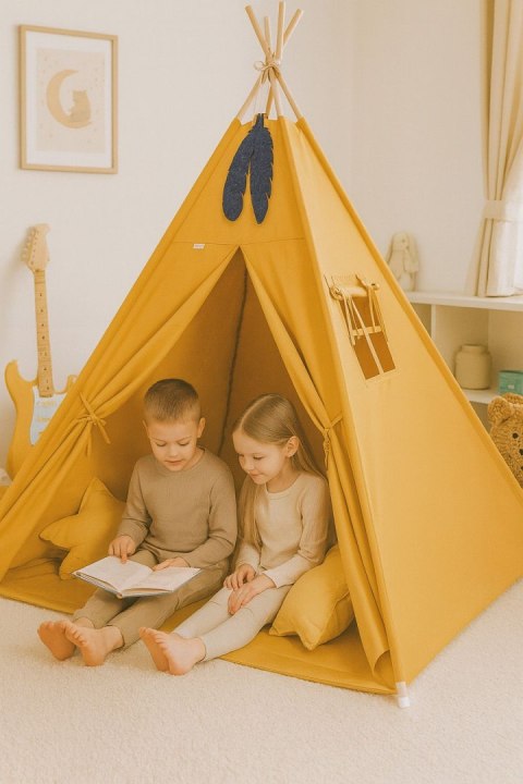 Namiot Tipi dla dzieci + zawieszki pióra - musztardowy