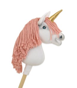 Hobby Horse Jednorożec na kiju biały, grzywa brudny róż i złoty róg A4