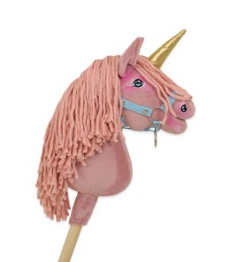 Hobby Horse Jednorożec na kiju brudny róż z różową grzywą i złotym rogiem A4