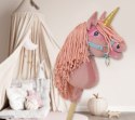 Hobby Horse Jednorożec na kiju brudny róż z różową grzywą i złotym rogiem A4