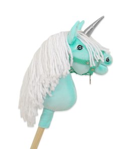 Hobby Horse Jednorożec na kiju miętowy z białą grzywą i srebrnym rogiem A4
