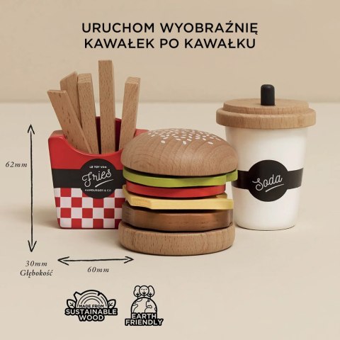 Drewniany zestaw 3w1 hamburger frytki napój, zabawka dla dzieci, Le Toy Van